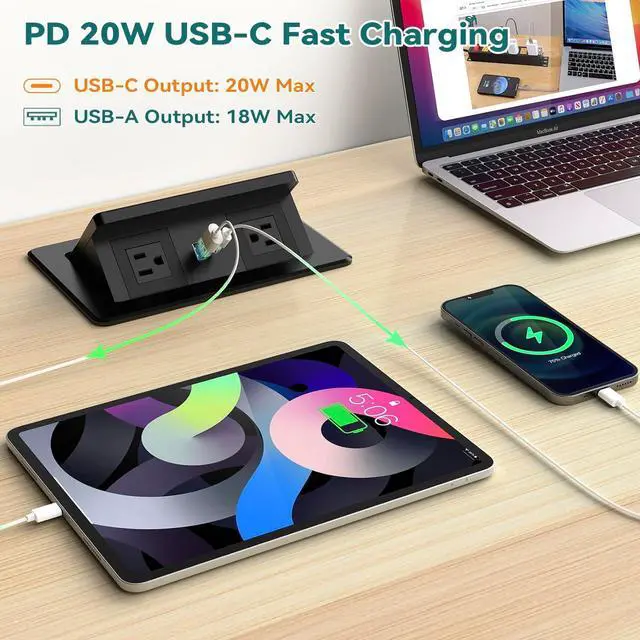 Alt view image 2 of 7 - Pop up Power Outlet with 15W Wireless Charger, Recessed Power Strip with USB-C PD 20W, 2 Outlets, Desk Charging Station for Conference Room Kitchen Countertop, ETL Listed