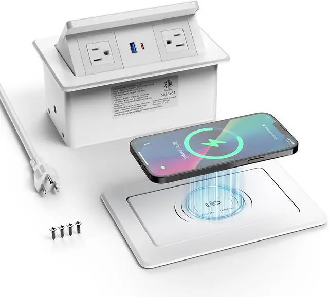 Main image of Pop up Power Outlet with 15W Wireless Charger, Recessed Power Strip with USB-C PD 20W, 2 Outlets, Desk Charging Station for Conference Room Kitchen Countertop, ETL Listed - White
