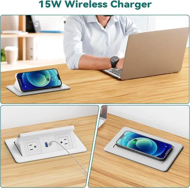 Alt view image 2 of 7 - Pop up Power Outlet with 15W Wireless Charger, Recessed Power Strip with USB-C PD 20W, 2 Outlets, Desk Charging Station for Conference Room Kitchen Countertop, ETL Listed - White