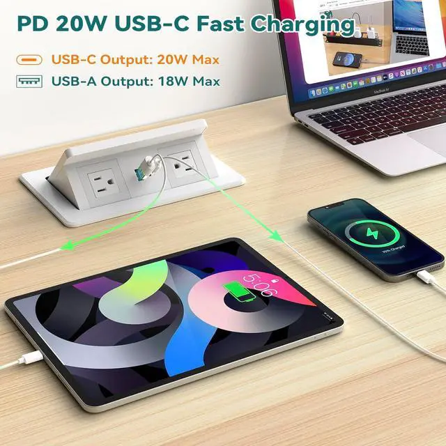 Alt view image 4 of 7 - Pop up Power Outlet with 15W Wireless Charger, Recessed Power Strip with USB-C PD 20W, 2 Outlets, Desk Charging Station for Conference Room Kitchen Countertop, ETL Listed - White