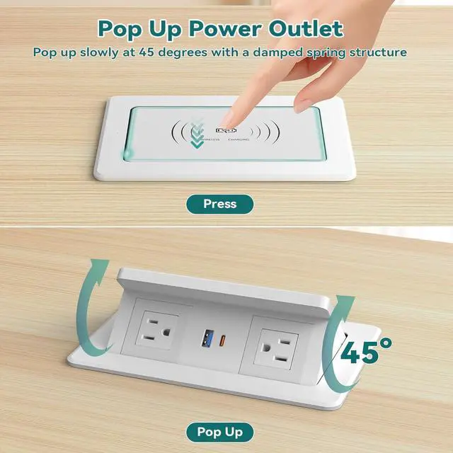Alt view image 3 of 7 - Pop up Power Outlet with 15W Wireless Charger, Recessed Power Strip with USB-C PD 20W, 2 Outlets, Desk Charging Station for Conference Room Kitchen Countertop, ETL Listed - White