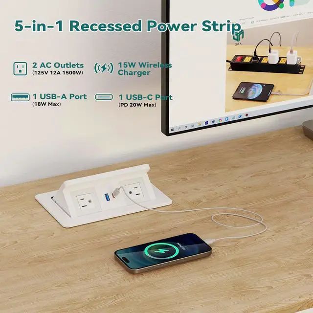 Alt view image 7 of 7 - Pop up Power Outlet with 15W Wireless Charger, Recessed Power Strip with USB-C PD 20W, 2 Outlets, Desk Charging Station for Conference Room Kitchen Countertop, ETL Listed - White