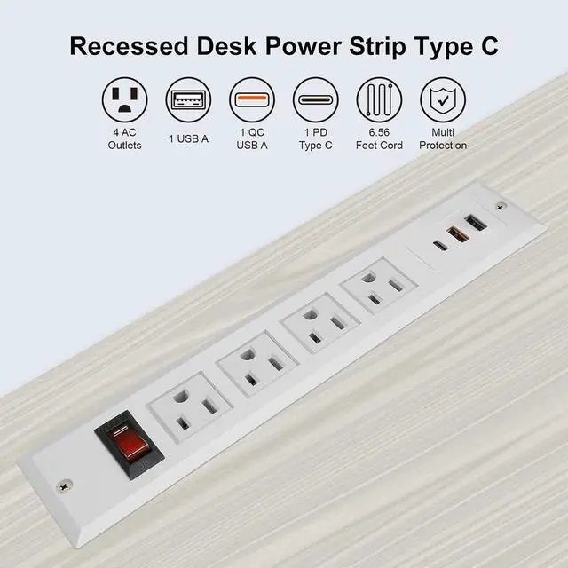 Alt view image 5 of 6 - 20W Mountable Power Strip USB C Recessed Power Strip USB-C Fast Charge 4 Outlet 3 USB Multiple Protection Built in Conference Desk Counter Workbench for PC Home Electric Appliance (USB C White)