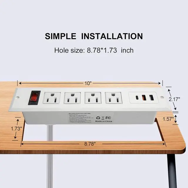 Alt view image 3 of 6 - 20W Mountable Power Strip USB C Recessed Power Strip USB-C Fast Charge 4 Outlet 3 USB Multiple Protection Built in Conference Desk Counter Workbench for PC Home Electric Appliance (USB C White)