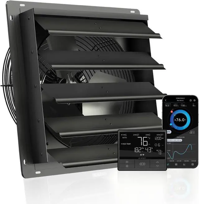 Main image of AC Infinity AIRLIFT T16, Shutter Exhaust Fan 16" with WiFi Temperature Humidity Controller, EC-Motor Wall Mount Ventilation and Cooling for Sheds, Attics, Workshops, and Greenhouses