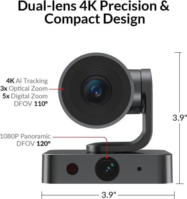 Alt view image 4 of 7 - All-in-One Conference System: 4K AI PTZ Webcam with Dual Lens + Wireless USB/Bluetooth Speakerphone, AI Framing & Presenter Tracking, 15x Zoom, 360° Mic, Zoom/Teams/Webex Compatible for Meeting Room