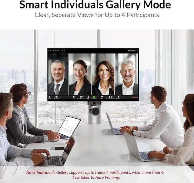Alt view image 3 of 7 - All-in-One Conference System: 4K AI PTZ Webcam with Dual Lens + Wireless USB/Bluetooth Speakerphone, AI Framing & Presenter Tracking, 15x Zoom, 360° Mic, Zoom/Teams/Webex Compatible for Meeting Room