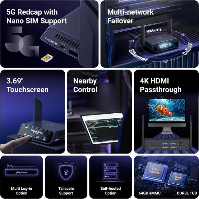 Alt view image 6 of 7 - GL.iNet Comet 5G Remote 5G KVM with Failover, 4K@30FPS HDMI Passthrough, Wi-Fi 6 & Ethernet, 3.69" Touchscreen, 64GB eMMC, Tailscale Remote Access for Disaster Recovery, IT Professional