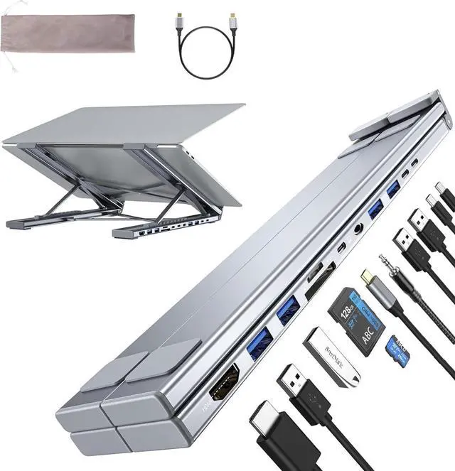 Main image of Laptop Docking Station Stand, 11 in 1 USB C Hub HDMI 4K@60Hz, 3.5mm Audio, Portable Laptop Stand with USB Ports, USB C Multiport Adapter USBC Dock Station Dongle Holder for MacBook Pro/Air