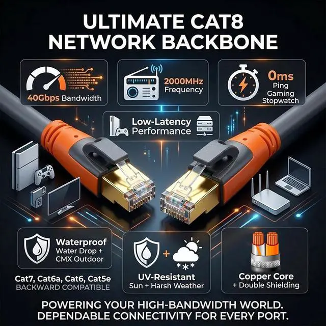 Alt view image 4 of 7 - Cat 8 Ethernet Cable 10ft, High Speed LAN Cables 40Gbps 2000MHz Shielded, Heavy Duty 26AWG Outdoor Indoor Cat8 RJ45 Internet Cord Compatible with Gaming PC PS5 Xbox Router Modem Office Industrial