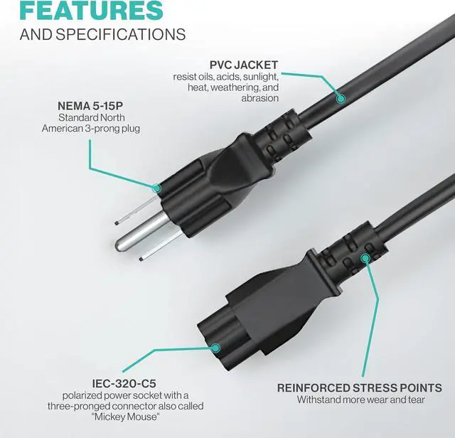 Alt view image 5 of 5 - 3 Prong AC Laptop Power Cord 5Ft Universal Power Cable | 125V | for Dell HP LG Lenovo Asus Acer Toshiba Sony Laptops/Notebooks, Monitors, Printers, Scanners NEMA 5-15P to C5 Power Cable