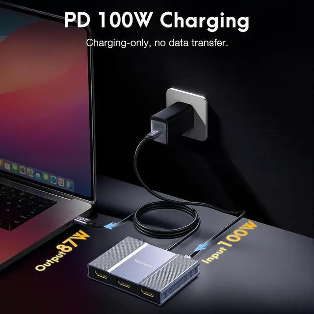 Alt view image 6 of 7 - USB C to 3 HDMI Adapter with PD 100W, 4K@60Hz HDMI Splitter Extended Display 1 in 3 Out for Multi-Monitors, Compatible with Laptop,PC,USB-C Graphics Card - MACOS Not Support MST