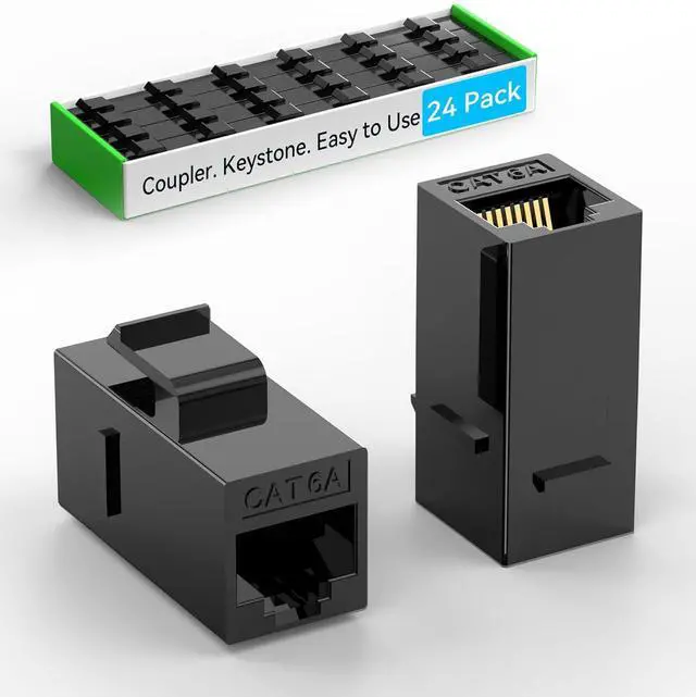 Main image of CAT6A RJ45 Keystone Coupler (24 Pack), Cat6 Keystone Jack Female to Female, Cat 6a Inline Keystone Jacks for Wall Plate & Patch Panel, RJ45 Ethernet Coupler Black
