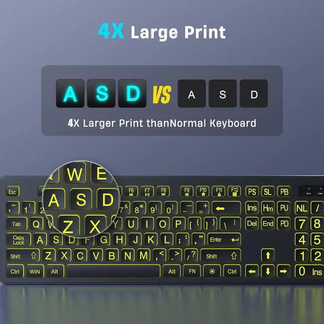 Alt view image 5 of 5 - Large Print Wireless Keyboard and Mouse - 7 Colors Backlit Keyboard, Oversize Letters Keys Easy to See and Type, Rechargeable Keyboard and Mouse with Light Up Key, Compatible for PC, Windows, Gaming