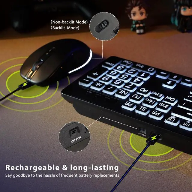 Alt view image 7 of 7 - Large Print Backlit Wireless Keyboard and Mouse, 2.4G Full Size Keyboard and Mouse Combo with Big Letters and Backlight Key, Easy to See Big Letters, Light Up Keyboard for Windows, PC, Laptop, Desktop