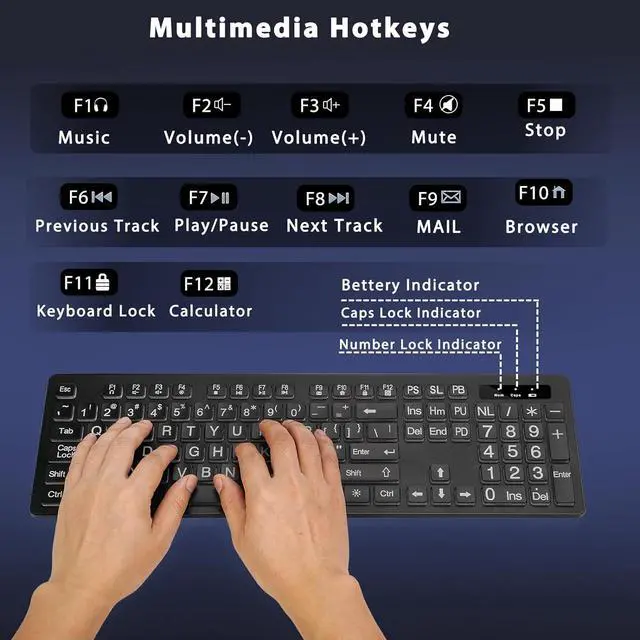Alt view image 4 of 7 - Large Print Backlit Wireless Keyboard and Mouse, 2.4G Full Size Keyboard and Mouse Combo with Big Letters and Backlight Key, Easy to See Big Letters, Light Up Keyboard for Windows, PC, Laptop, Desktop