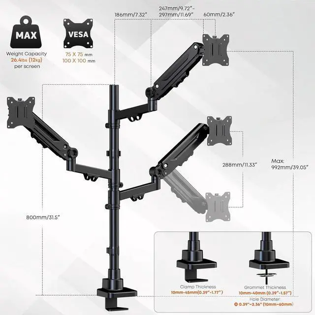 Alt view image 2 of 7 - Triple Monitor Mount for up to 35-inch Screens Heavy Duty Ultrawide Stand with Fully Adjustable, 12kg Gas Spring Arm (Each), VESA 75×75/100×100 mm, Black