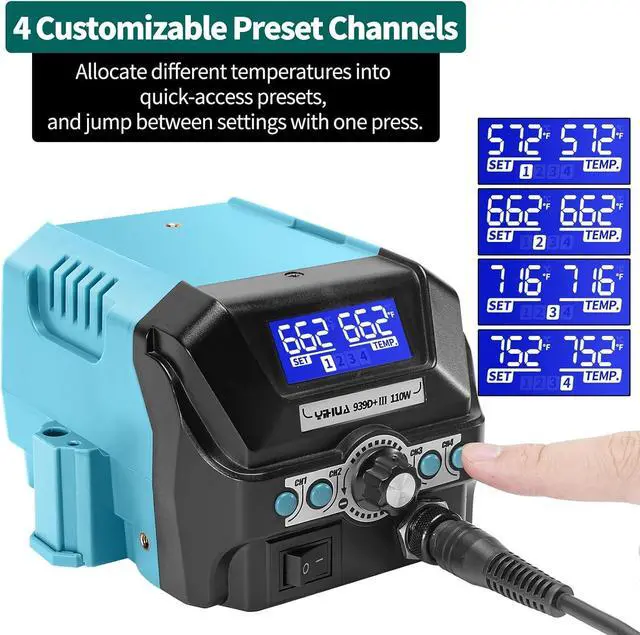 Alt view image 6 of 7 - 939D+ III EVO Digital Soldering Iron Station Kit 110W High Power with LCD display, 4 Memory Channels, Sleep Mode, Digital Calibration, Solder Wire, Helping Hands, Magnifier, 3 Soldering Tips