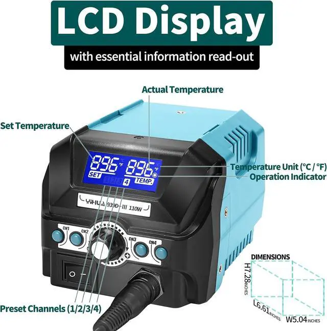 Alt view image 5 of 7 - 939D+ III EVO Digital Soldering Iron Station Kit 110W High Power with LCD display, 4 Memory Channels, Sleep Mode, Digital Calibration, Solder Wire, Helping Hands, Magnifier, 3 Soldering Tips