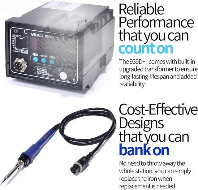 Alt view image 5 of 7 - 939D+ I Soldering Station, Upgraded, 75 Watt Equivalent with 3 Memories, °C/°F LCD display, Sleep Function, Automatic Shutdown & Brushed Aluminum Panel(Iron-burn Resistant)