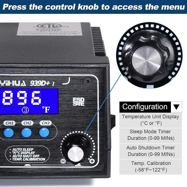 Alt view image 3 of 7 - 939D+ I Soldering Station, Upgraded, 75 Watt Equivalent with 3 Memories, °C/°F LCD display, Sleep Function, Automatic Shutdown & Brushed Aluminum Panel(Iron-burn Resistant)