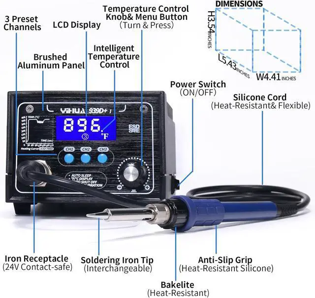 Alt view image 7 of 7 - 939D+ I Soldering Station, Upgraded, 75 Watt Equivalent with 3 Memories, °C/°F LCD display, Sleep Function, Automatic Shutdown & Brushed Aluminum Panel(Iron-burn Resistant)