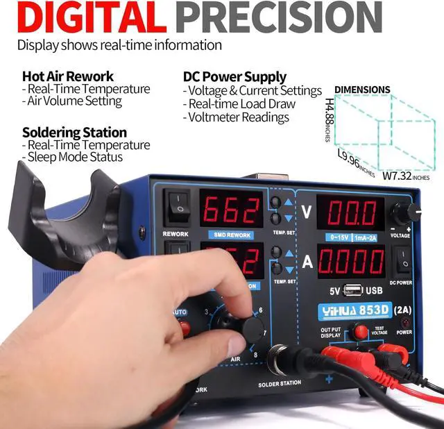 Alt view image 3 of 7 - 853D 2A USB SMD Hot Air Rework Soldering Iron Station, DC Power Supply 0-15V 0-2A with 5V USB Charging Port and 35 Volt DC Voltage Test Meter
