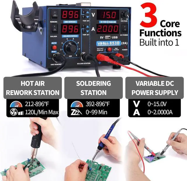 Alt view image 2 of 7 - 853D 2A USB SMD Hot Air Rework Soldering Iron Station, DC Power Supply 0-15V 0-2A with 5V USB Charging Port and 35 Volt DC Voltage Test Meter