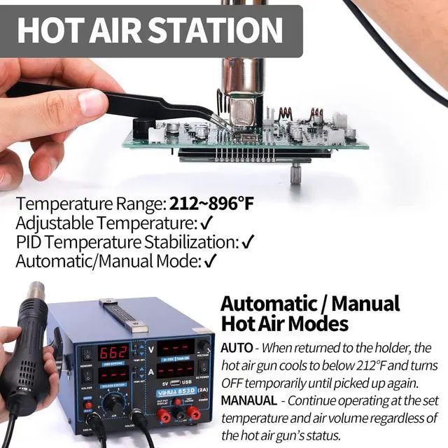 Alt view image 7 of 7 - 853D 2A USB SMD Hot Air Rework Soldering Iron Station, DC Power Supply 0-15V 0-2A with 5V USB Charging Port and 35 Volt DC Voltage Test Meter
