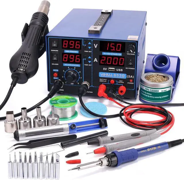 Main image of 853D 2A USB SMD Hot Air Rework Soldering Iron Station, DC Power Supply 0-15V 0-2A with 5V USB Charging Port and 35 Volt DC Voltage Test Meter