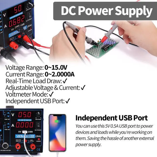 Alt view image 5 of 7 - 853D 2A USB SMD Hot Air Rework Soldering Iron Station, DC Power Supply 0-15V 0-2A with 5V USB Charging Port and 35 Volt DC Voltage Test Meter
