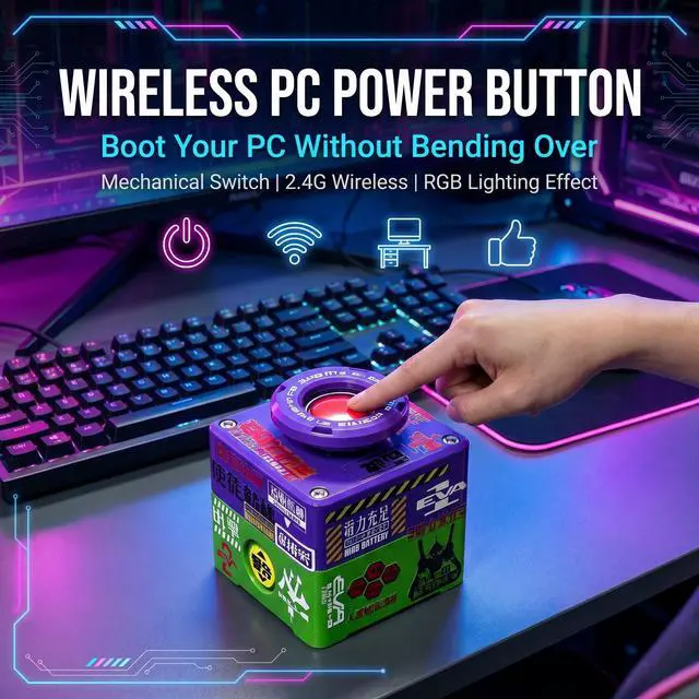 Alt view image 6 of 7 - RGB Backlight Wireless Desktop Power Button for PC (Laptop Incompatible), Atomic Nuclear Bomb Rocket Launch , Big Red Button (Purple)