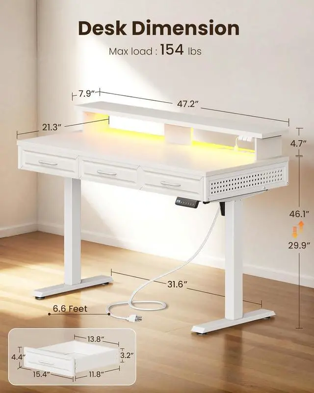 Alt view image 3 of 7 - Electric Standing Desk with 3 Wooden Drawers, 48 Inch Height Adjustable Desk with Power Outlets & LED Lights, Black Sit Stand Table with Monitor Stand for Home, Office, Workstation White