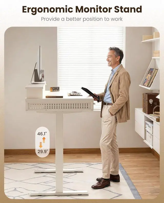 Alt view image 4 of 7 - Electric Standing Desk with 3 Wooden Drawers, 48 Inch Height Adjustable Desk with Power Outlets & LED Lights, Black Sit Stand Table with Monitor Stand for Home, Office, Workstation White