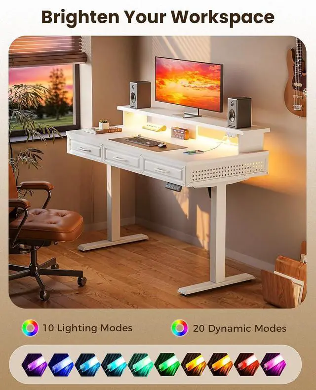 Alt view image 7 of 7 - Electric Standing Desk with 3 Wooden Drawers, 48 Inch Height Adjustable Desk with Power Outlets & LED Lights, Black Sit Stand Table with Monitor Stand for Home, Office, Workstation White