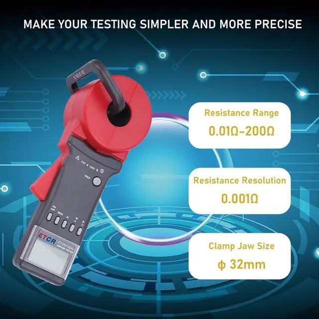 Alt view image 3 of 5 - ETCR2100A+ Digital Clamp Ground Earth Resistance Meter Tester 200 | Non-contact clamp-on design enables fast loop resistance measurement without disconnecting ground wires, with 32mm jaw