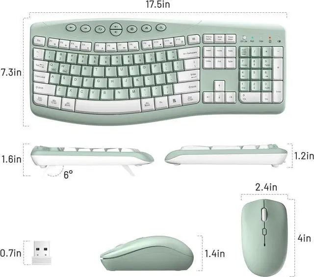 Alt view image 7 of 7 - Wireless Keyboard and Mouse Combo,2.4G Full Size Ergonomic Curved Silent Keyboard with Fn Multimedia Keys for Office and Home, 3-DPI Quiet Mouse for Windows,Mac OS Desktop/Laptop/PC(Avocado Green)