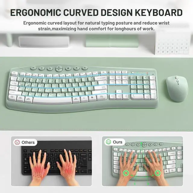 Alt view image 3 of 7 - Wireless Keyboard and Mouse Combo,2.4G Full Size Ergonomic Curved Silent Keyboard with Fn Multimedia Keys for Office and Home, 3-DPI Quiet Mouse for Windows,Mac OS Desktop/Laptop/PC(Avocado Green)