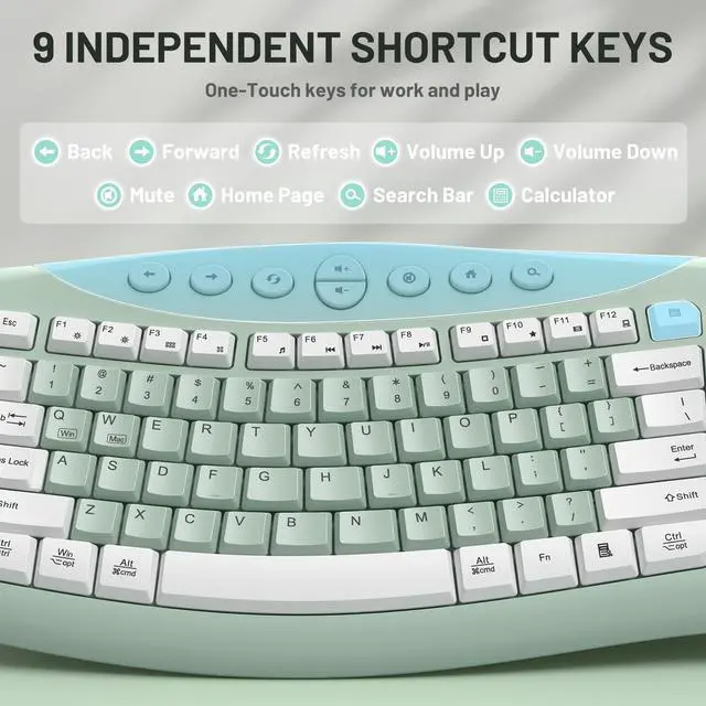 Alt view image 6 of 7 - Wireless Keyboard and Mouse Combo,2.4G Full Size Ergonomic Curved Silent Keyboard with Fn Multimedia Keys for Office and Home, 3-DPI Quiet Mouse for Windows,Mac OS Desktop/Laptop/PC(Avocado Green)