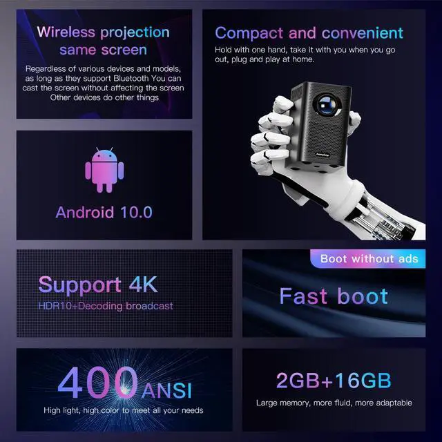 Alt view image 4 of 7 - Portable Projector, Native 720P Bluetooth Projector with 4K Decoding, 2GB+16GB Smart WiFi Projector, Fully Enclosed Dustproof Home Theater Outdoor Movie Projector with HDMI USB Port & Remote