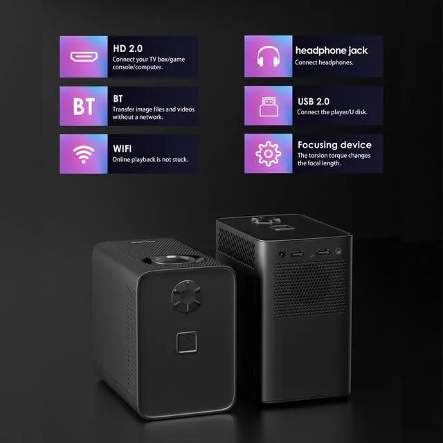 Alt view image 5 of 7 - Portable Projector, Native 720P Bluetooth Projector with 4K Decoding, 2GB+16GB Smart WiFi Projector, Fully Enclosed Dustproof Home Theater Outdoor Movie Projector with HDMI USB Port & Remote