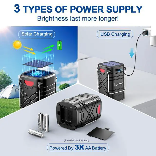 Alt view image 2 of 7 - 4 Pack Camping Lantern, Rechargeable LED Lanterns, Solar Lantern Battery Powered Hurricane Lanterns Flashlight with 3 Powered Ways & USB Cable for Emergency, Power Outage, Hurricane Supplies