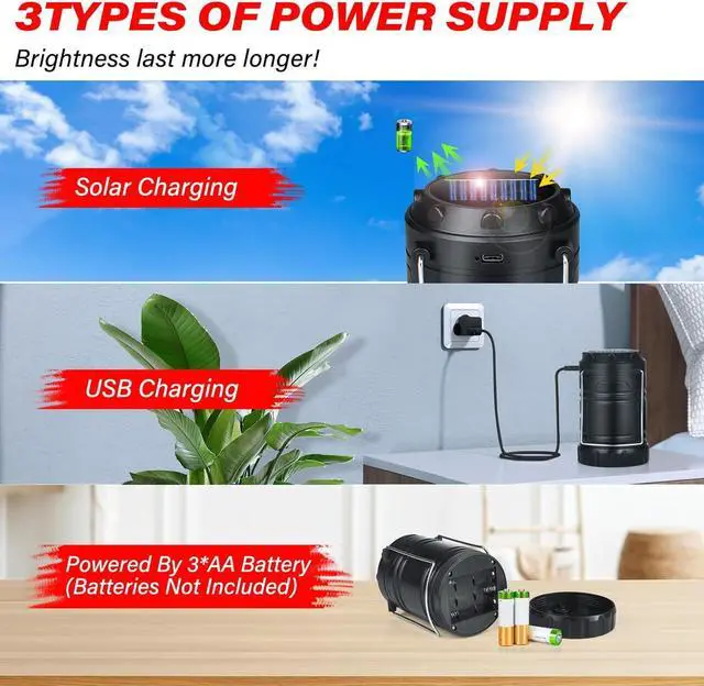 Alt view image 2 of 7 - 4-Pack Solar Camping Lanterns,Rechargeable LED with USB/Solar/AA Battery,Magnetic Base,Hanging Hook,Collapsible, Waterproof for Emergency, Hiking,Hurricane,Campsites,Lanterns for Power Outages