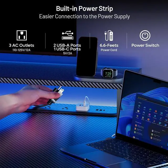 Alt view image 2 of 6 - 47 Inch Gaming Desk with LED Lights & Cable Management, Black | Ergonomic carbon fiber gaming computer desk with 5 sockets, monitor stand, cup holder, headphone hook & mouse pad for gamers