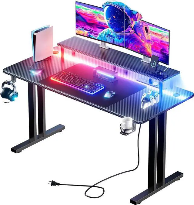 Main image of 47 Inch Gaming Desk with LED Lights & Cable Management, Black | Ergonomic carbon fiber gaming computer desk with 5 sockets, monitor stand, cup holder, headphone hook & mouse pad for gamers