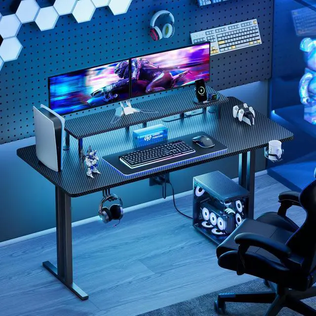 Alt view image 6 of 6 - 55 Inch Gaming Desk with LED Lights & Cable Management, Black | Ergonomic carbon fiber gaming computer desk with 5 sockets, monitor stand, cup holder, headphone hook & mouse pad for gamers