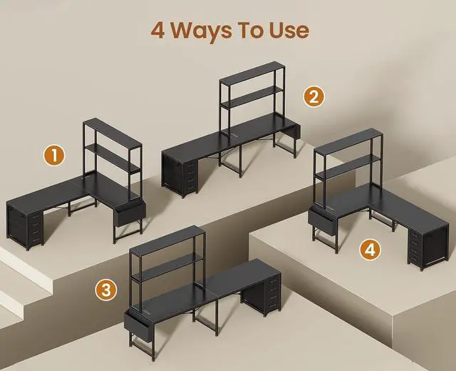 Alt view image 6 of 7 - L Shaped Gaming Desk, 51.2" Reversible Small Corner Desk with 4 Drawer, Power Outlet & LED Lights, Home Office Desk with Storage Shelves for Small Space, Black