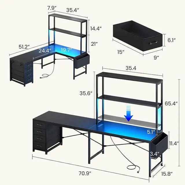 Alt view image 2 of 7 - L Shaped Gaming Desk, 51.2" Reversible Small Corner Desk with 4 Drawer, Power Outlet & LED Lights, Home Office Desk with Storage Shelves for Small Space, Black