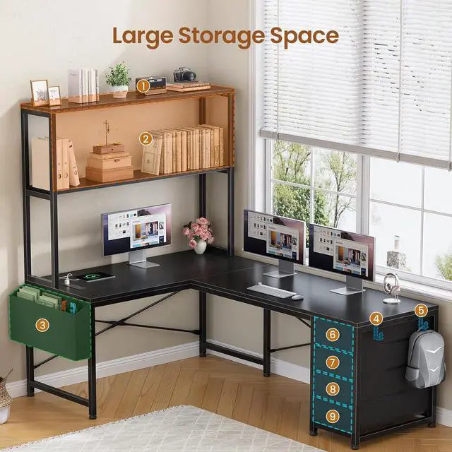 Alt view image 4 of 7 - L Shaped Gaming Desk, 51.2" Reversible Small Corner Desk with 4 Drawer, Power Outlet & LED Lights, Home Office Desk with Storage Shelves for Small Space, Black