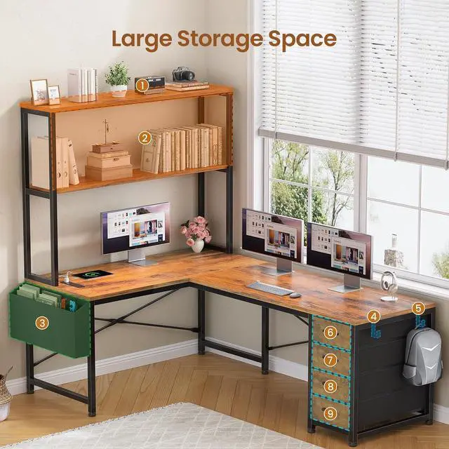 Alt view image 3 of 7 - L Shaped Gaming Desk, 51.2" Reversible Small Corner Desk with 4 Drawer, Power Outlet & LED Lights, Home Office Desk with Storage Shelves for Small Space, Rustic Brown